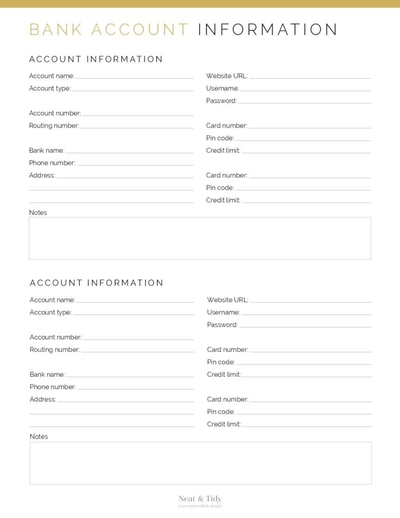 Bank Account Information - Neat and Tidy Design