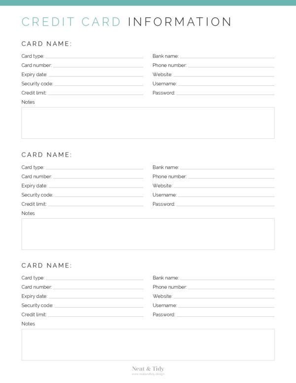 Credit Card Information - printable financial pdf