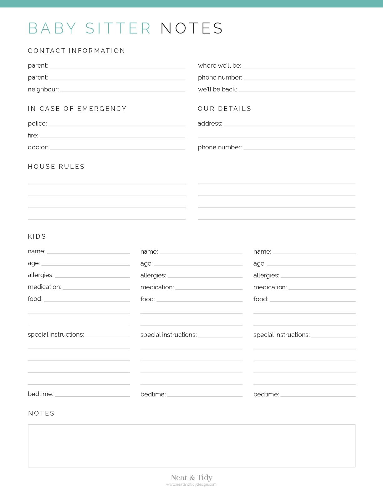 Baby Sitter Notes - Neat and Tidy Design