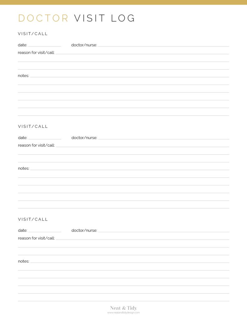 Printable and fillable PDF Doctor visit log