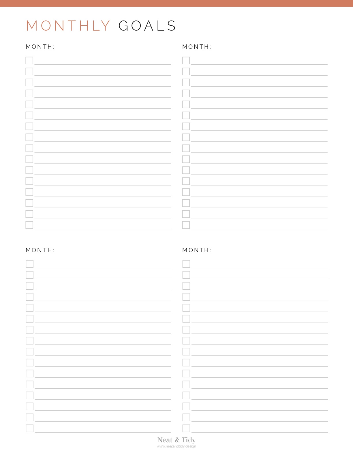 Goal Checklists - Annual and Monthly - Neat and Tidy Design