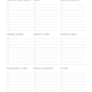 Grocery list with pre-filled categories printable pdf for meal and grocery shopping planning