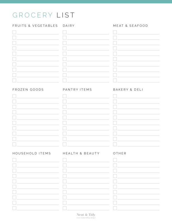 grocery list with categories neat and tidy design