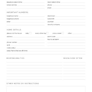Printable House Sitter Notes