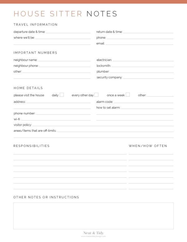Printable House Sitter Notes