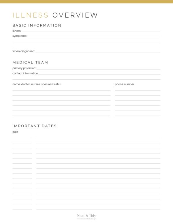 A printable document to fill in important details regarding your illness - printable PDF