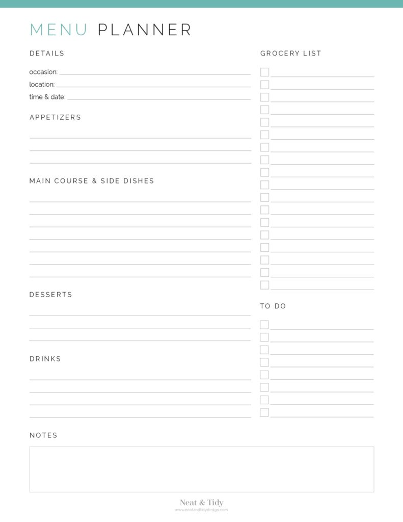 Party Menu Planner - Neat and Tidy Design