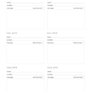 Missed Call Log, printable PDF