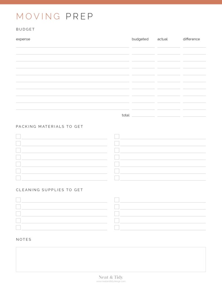 Moving Prep List - Neat and Tidy Design