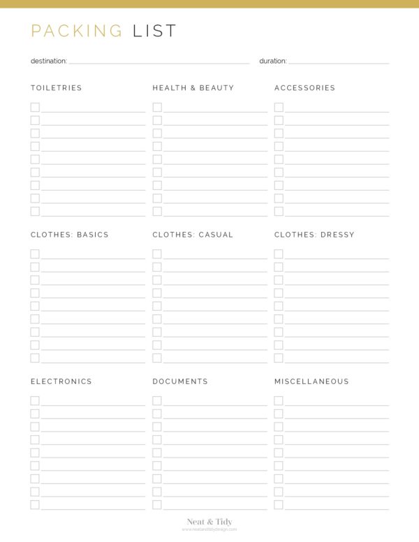 Travel planner packing list with categories printable pdf