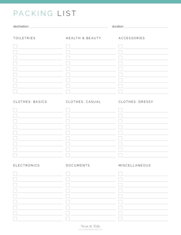 travel packing list neat and tidy design