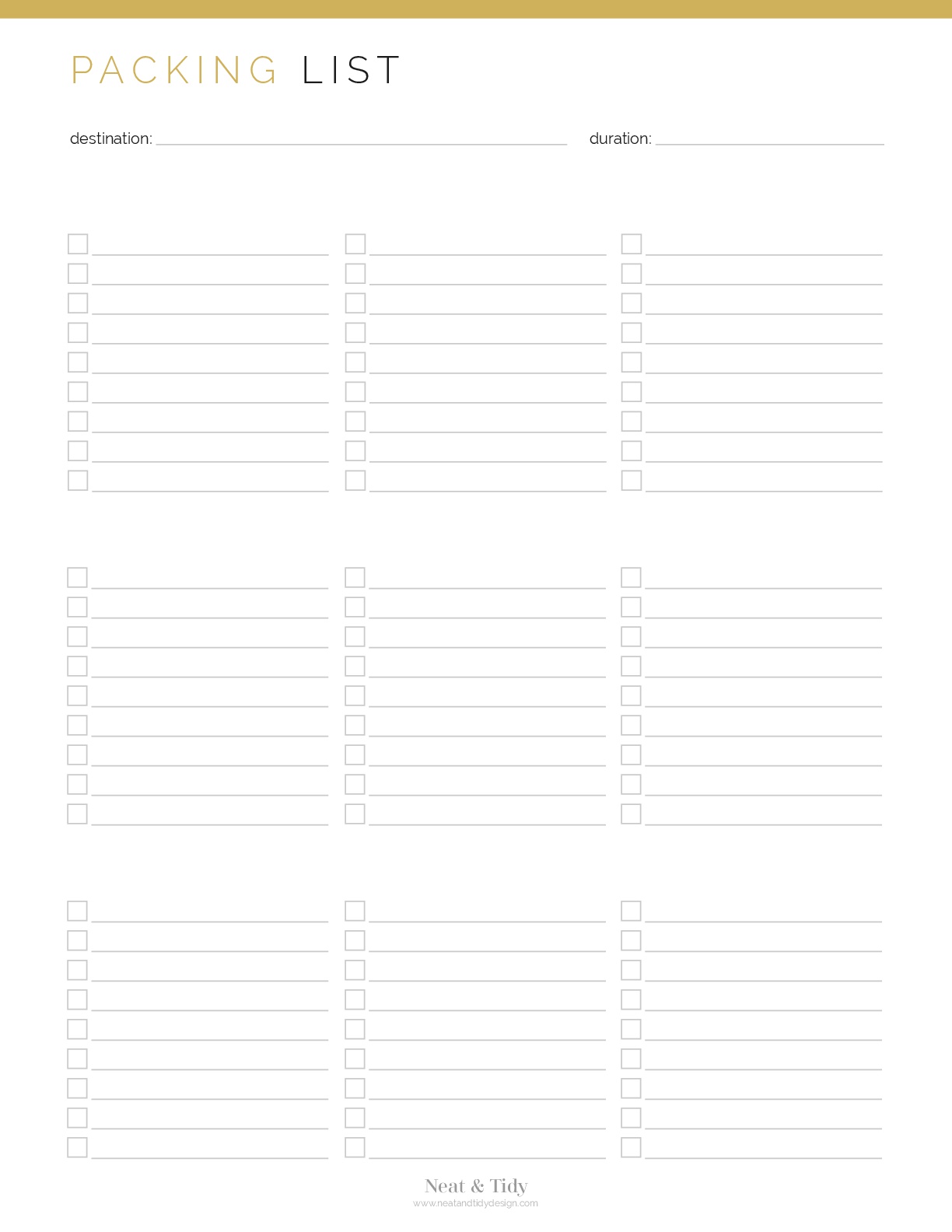 Travel Packing List - Neat and Tidy Design