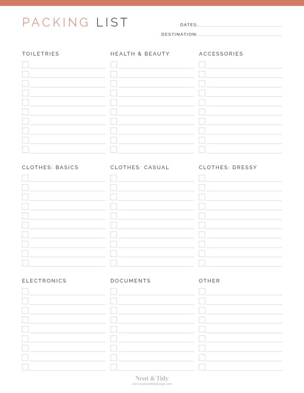 Travel Packing List Neat and Tidy Design