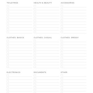 printable packing list with and without categories in three colours