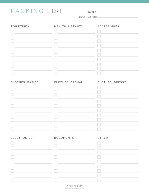 printable packing list with and without categories in three colours