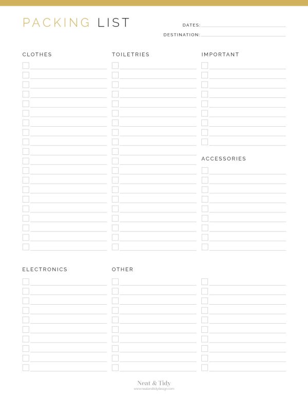 Travel Packing List - Neat and Tidy Design