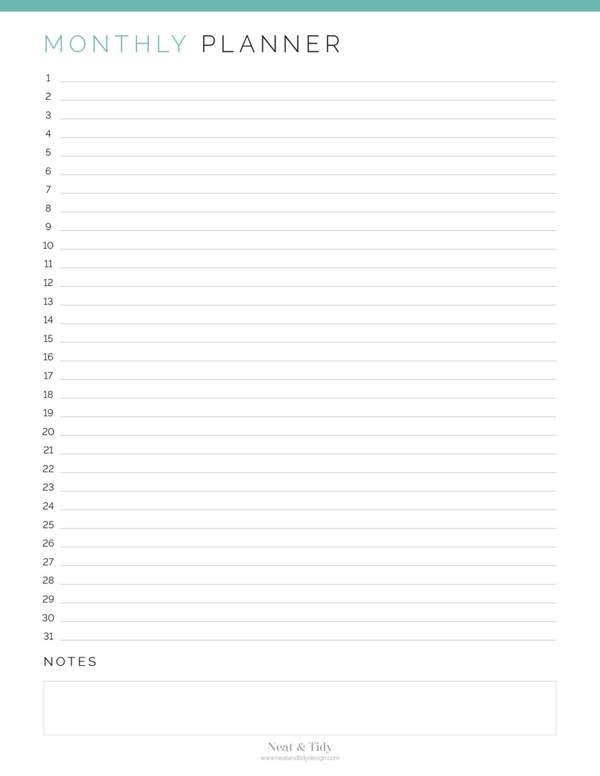 Monthly Planner Calendar & List View Neat and Tidy Design