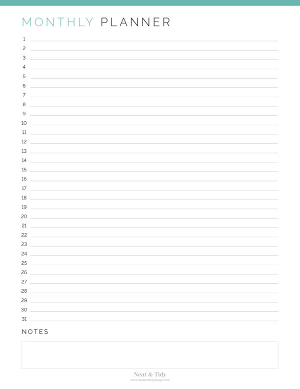 Monthly calendar, perpetual, list view, printable PDF