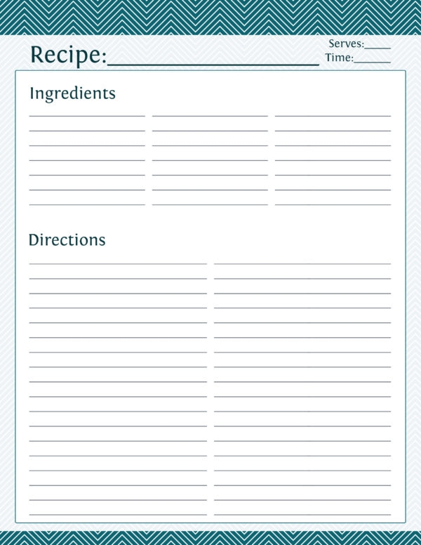 Blue chevron recipe card printable PDF by Neat and Tidy Design