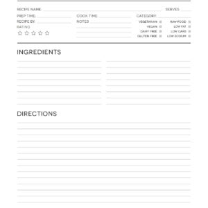 Printable black and white recipe card with detailed information, rating, instructions and ingredients