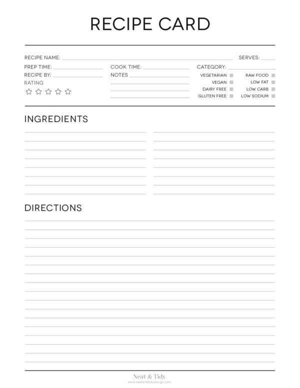 Printable black and white recipe card with detailed information, rating, instructions and ingredients