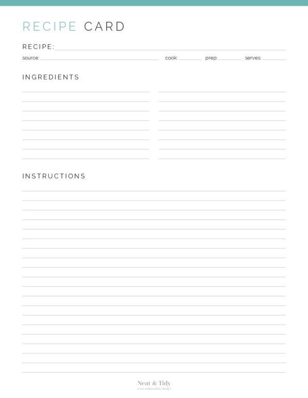 Printable Recipe Card - Full Page - by Neat and Tidy Design