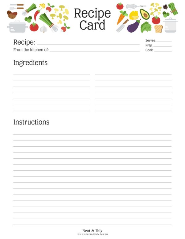 Recipe card with colourful icons in the header, printable PDF