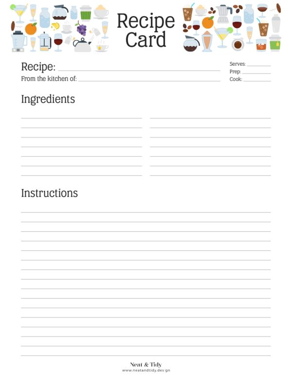 Recipe card with colourful icons in the header, printable PDF