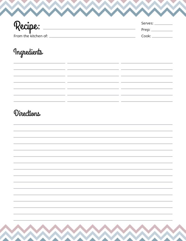 Chevron recipe card, printable pdf - lined version