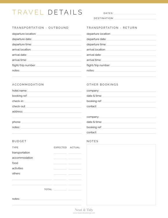Travel Details printable travel planner details pdf, comes in 3 colours