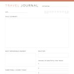 printable and fillable pdf travel journal in 5 different layouts, lined and unlined versions, in three colours