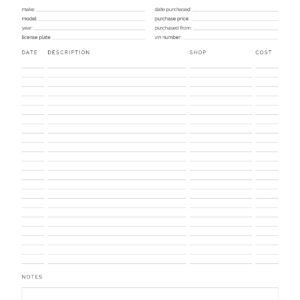 Printable Vehicle Maintenance Log