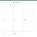 printable weekly travel itinerary pdf, in three colours and 4 different versions