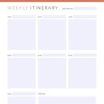 printable weekly travel itinerary pdf, in three colours and 4 different versions
