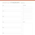 printable weekly travel itinerary pdf, in three colours and 4 different versions
