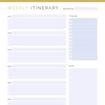 printable weekly travel itinerary pdf, in three colours and 4 different versions