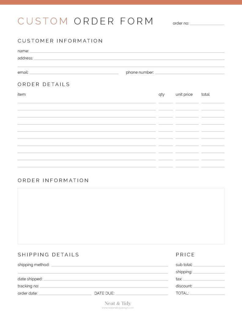 Custom Order Form - Neat and Tidy Design