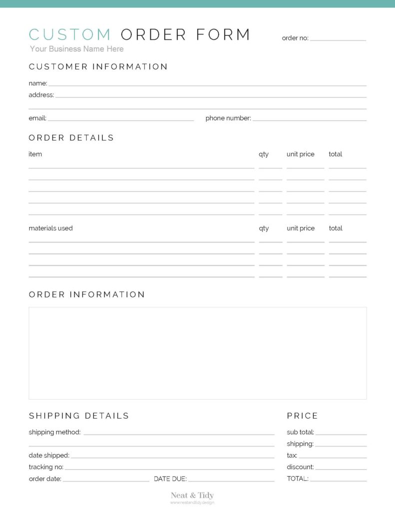 Custom Order Form - Neat and Tidy Design