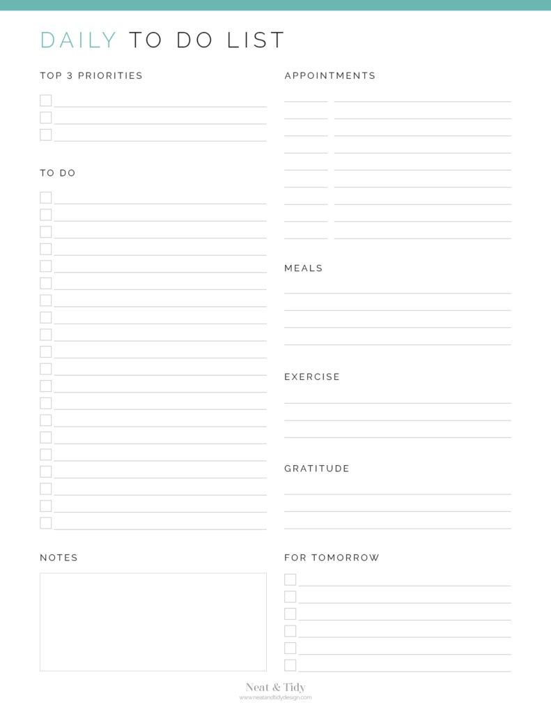 Printable Daily To Do List in Teal - v2