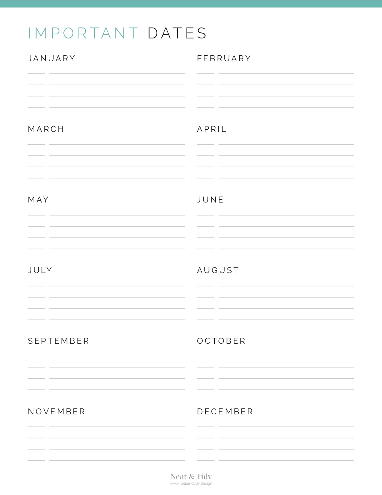 Printable important dates page for your planner or agenda.