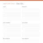 Important Dates Printable PDF - Planner Printable