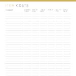 Item cost worksheet - Business planner printable PDF