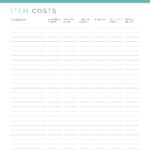Item cost worksheet - Business planner printable PDF