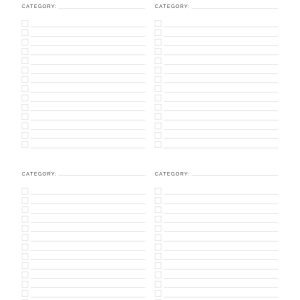printable and fillable pdf to do list with categories, comes in 3 colours and 4 versions