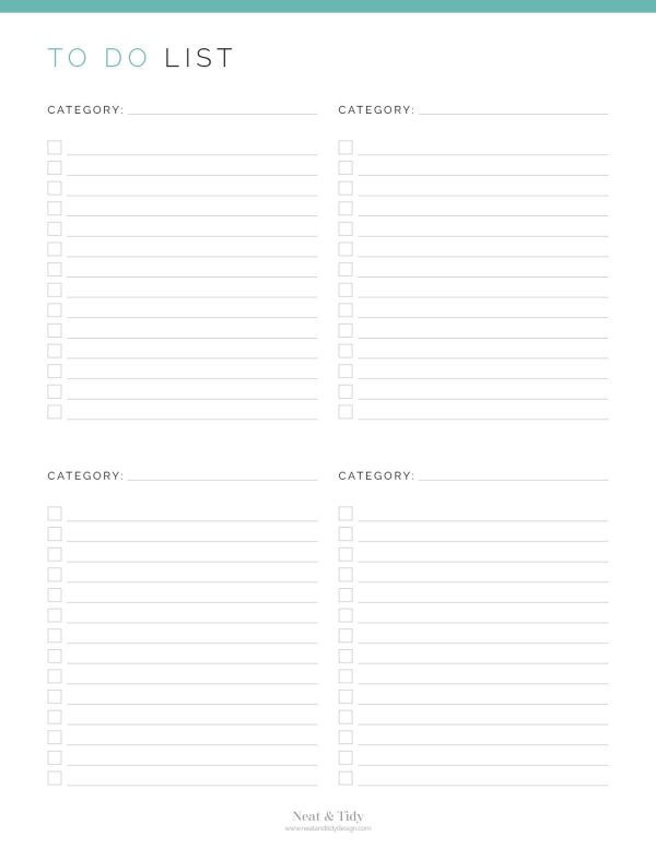 printable and fillable pdf to do list with categories, comes in 3 colours and 4 versions