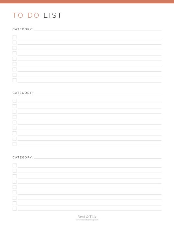 Printable To do list with 3 categories per page in coral