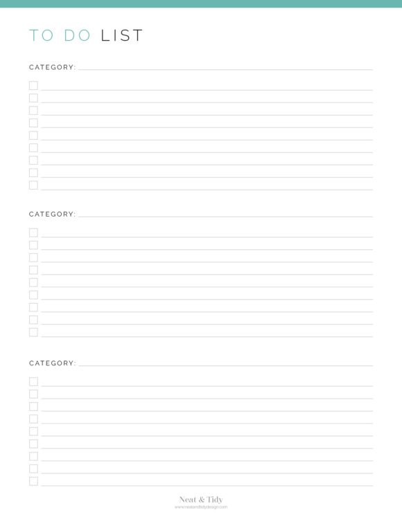 Printable To do list with 3 categories per page in teal