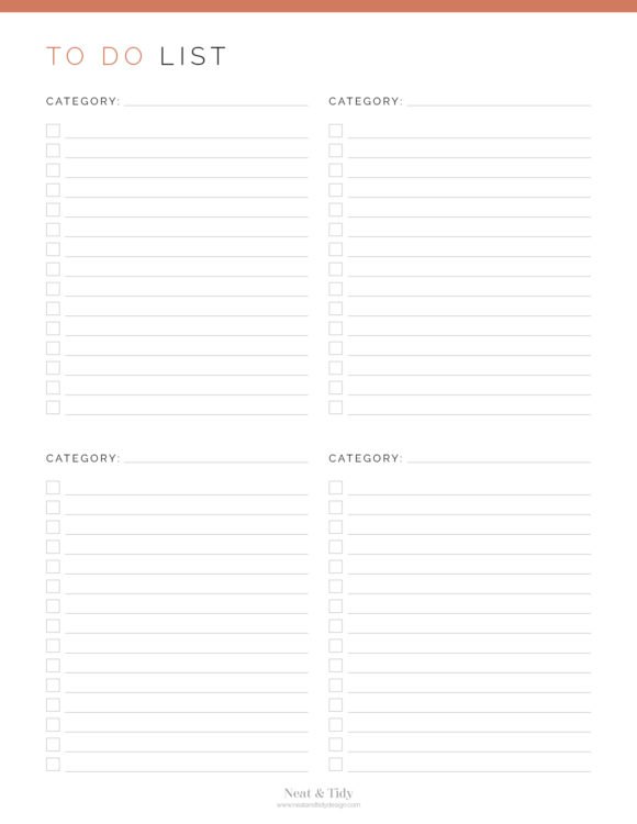 Printable To do list with 4 categories per page in coral