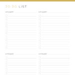 Printable To do list with 4 categories per page in gold