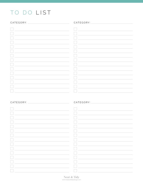 Printable To do list with 4 categories per page in teal